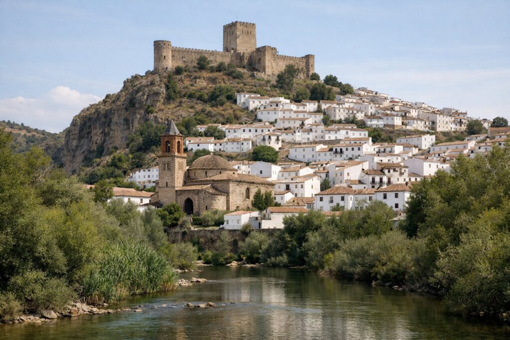 Vila branca na colina com castelo sobre o rio e igreja que foi mesquita