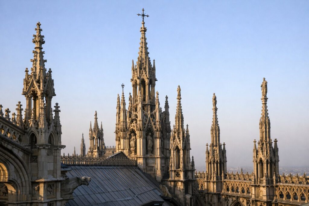 Pináculos ornamentados do telhado de uma catedral gótica contra céu limpo, manhã