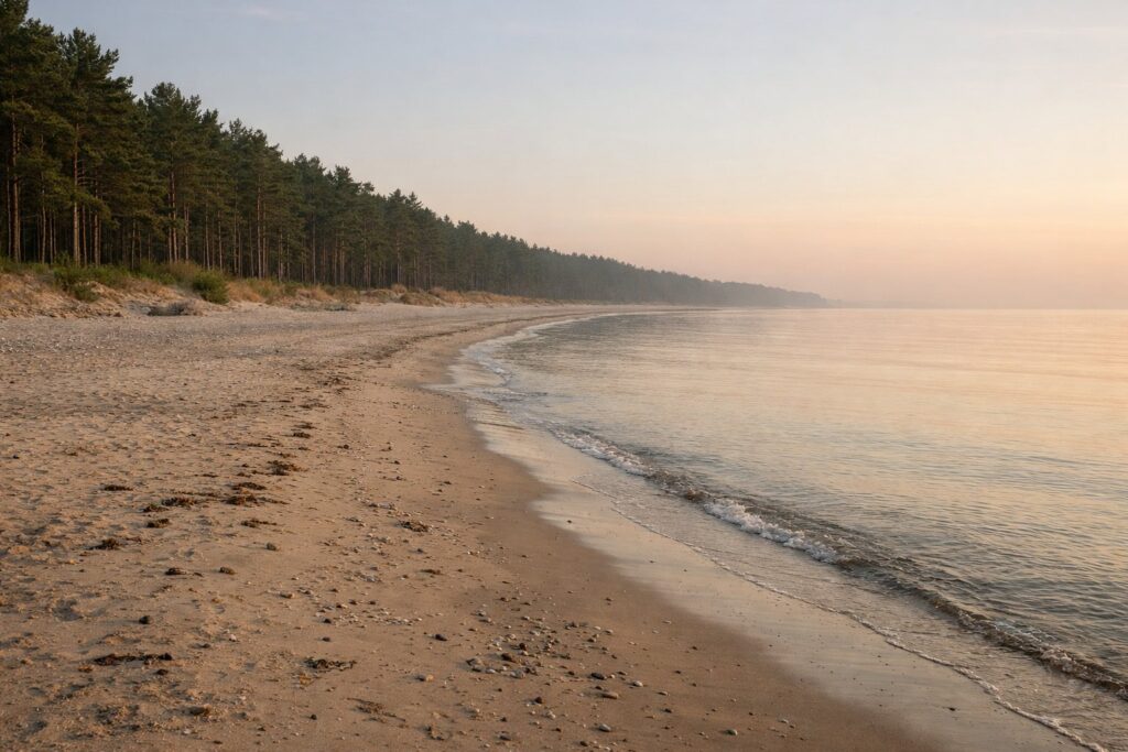Praia larga e plana com pinhal atrás e mar calmo, início da manhã