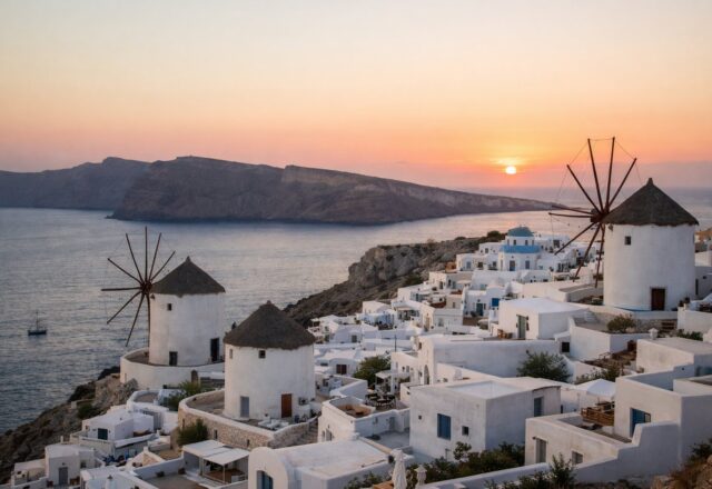 Moinhos brancos e casas cúbicas sobre uma baía azul ao pôr do sol