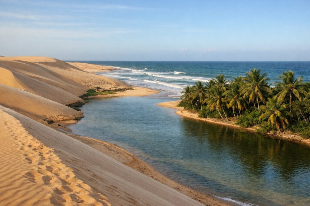 Dunas douradas a encontrar o oceano com uma lagoa e coqueiros