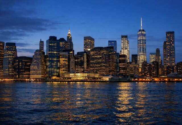 Horizonte de arranha-céus de Manhattan visto do outro lado do rio à hora azul