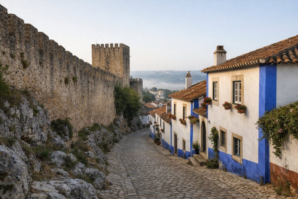 Vila medieval amuralhada com casas caiadas e barras azuis ao longo da muralha do castelo, manhã