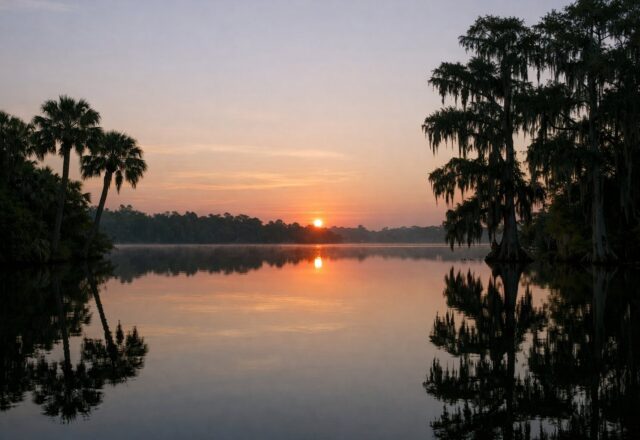 Lago ao nascer do sol com reflexos de palmeiras e ciprestes, água parada