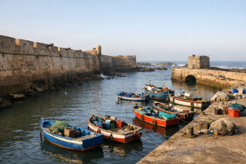 Muralha de fortaleza junto ao mar e pequeno porto com barcos de pesca coloridos, manhã