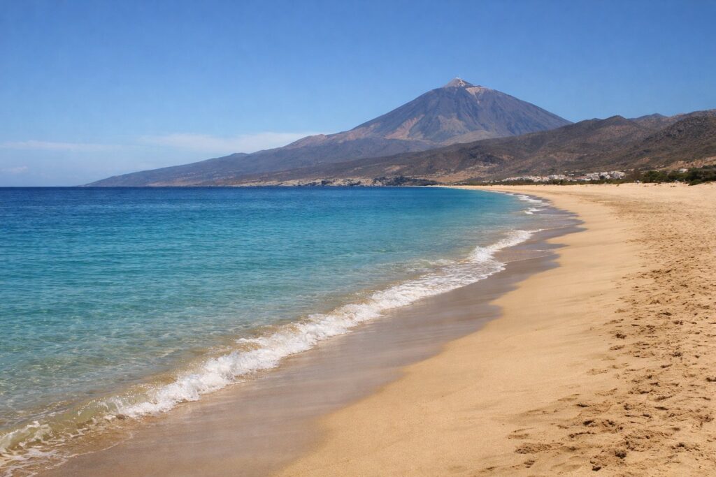 Longa praia dourada com água turquesa calma e um pico vulcânico ao fundo, meio-dia
