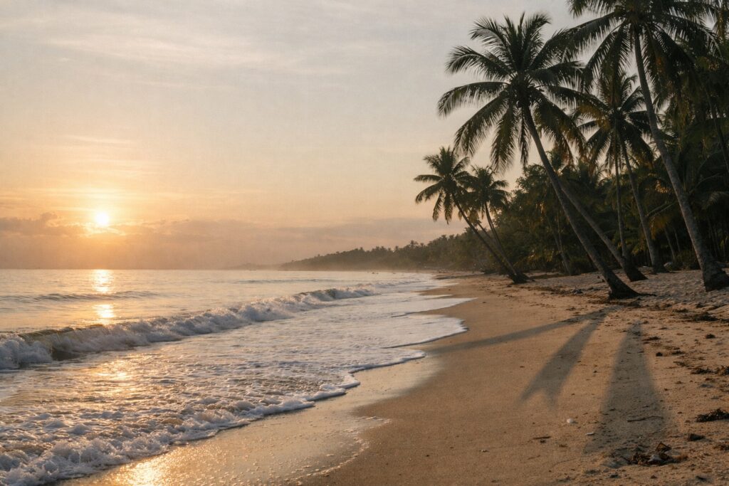 Praia vazia ladeada de palmeiras ao nascer do sol, com água rasa e calma