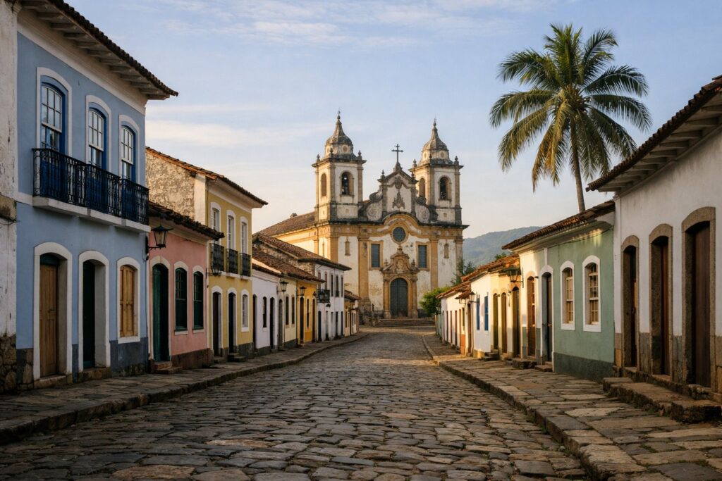 Fachadas coloniais ao longo de um rio na cidade antiga com barcos de pesca, manhã