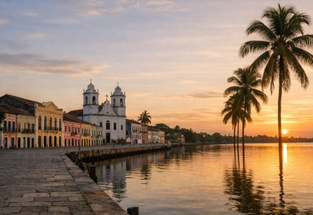 Cidade antiga colonial com fachadas coloridas junto a um rio ao nascer do sol