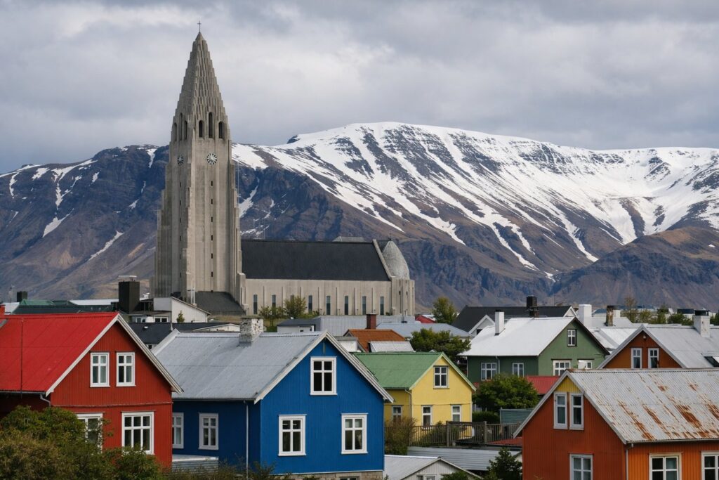 Telhados coloridos com igreja e montanhas nevadas ao fundo