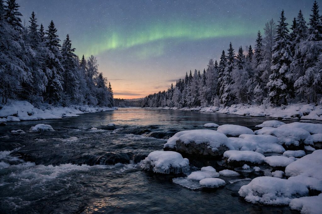 Rio ártico ao entardecer com árvores cobertas de neve e auroras boreais ténues