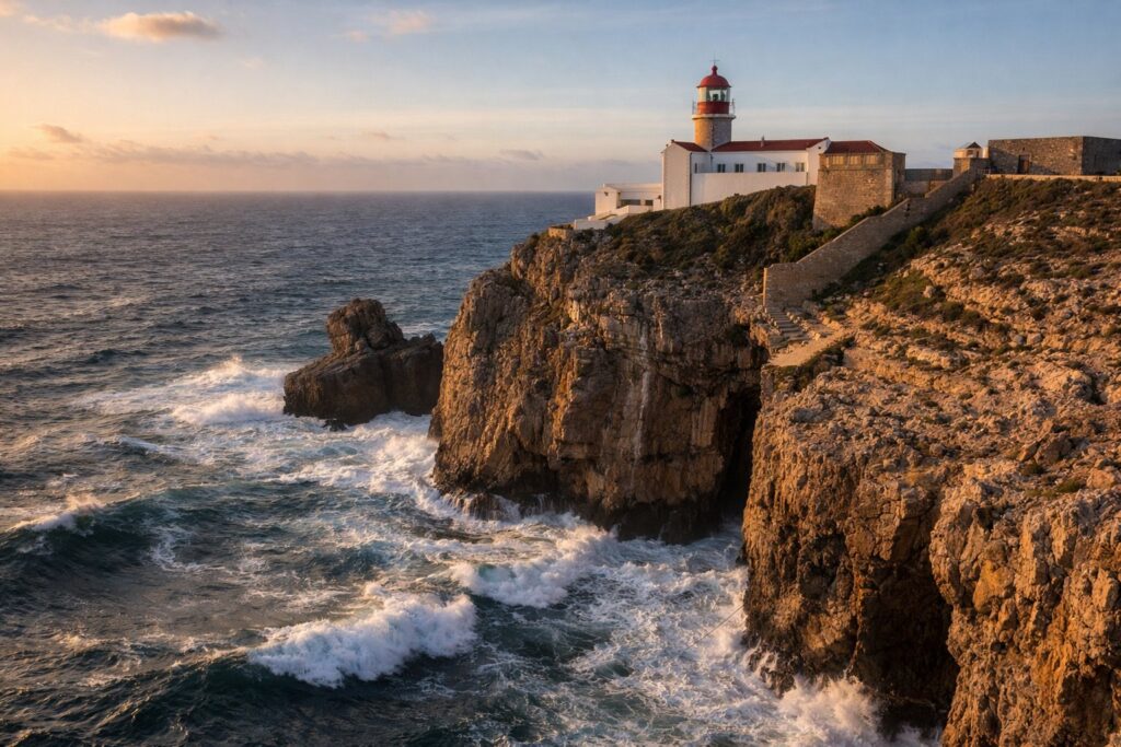 Farol em falésias a pique no extremo sudoeste da Europa, ondulação atlântica, fim de tarde