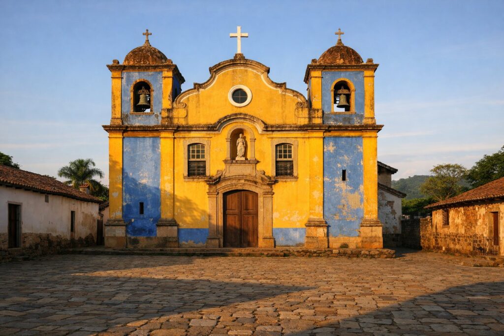 Fachada de igreja colonial pintada de azul e amarelo numa praça de calçada, sol de fim de tarde