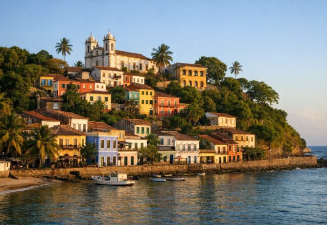 Edifícios coloniais coloridos numa encosta sobre uma baía tropical, fim de tarde