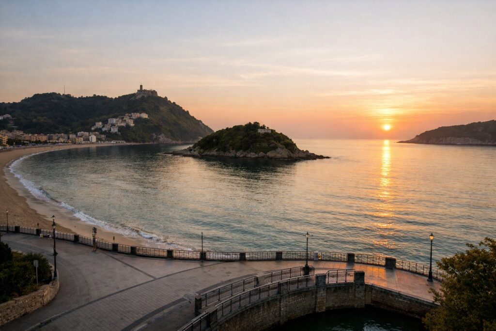 Baía em forma de concha com passeio e uma pequena ilha ao nascer do sol