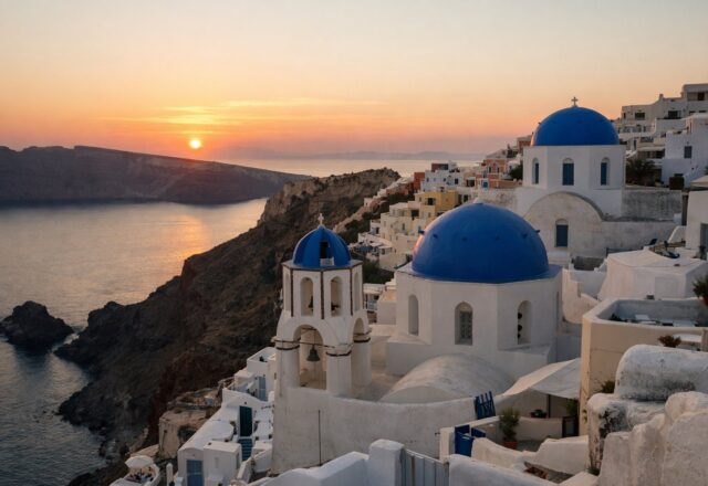 Casas cúbicas brancas e cúpulas azuis numa falésia da caldeira ao pôr do sol