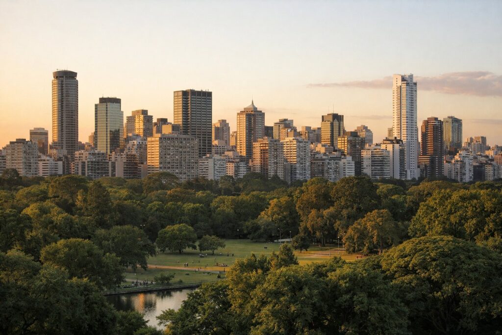 Horizonte denso com edifícios modernistas e um grande parque verde à frente, hora dourada