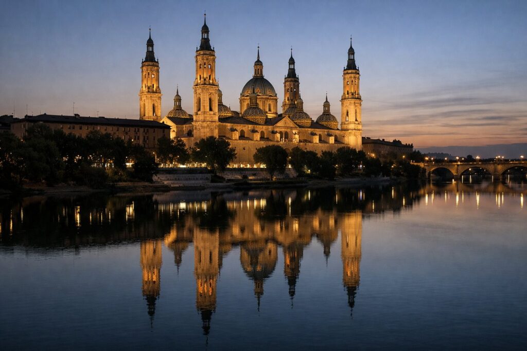 Basílica do Pilar e o rio Ebro ao pôr do sol