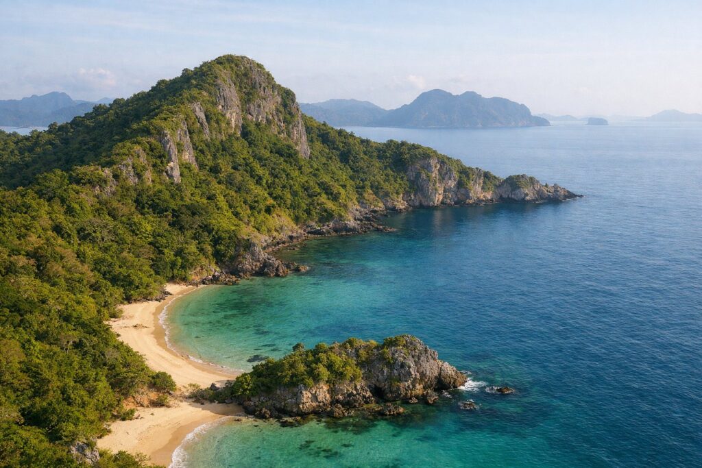 Serra verde de calcário a descer para uma baía turquesa com pequenas praias, manhã