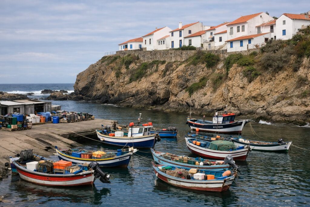 Pequeno porto com barcos de pesca coloridos sob a falésia
