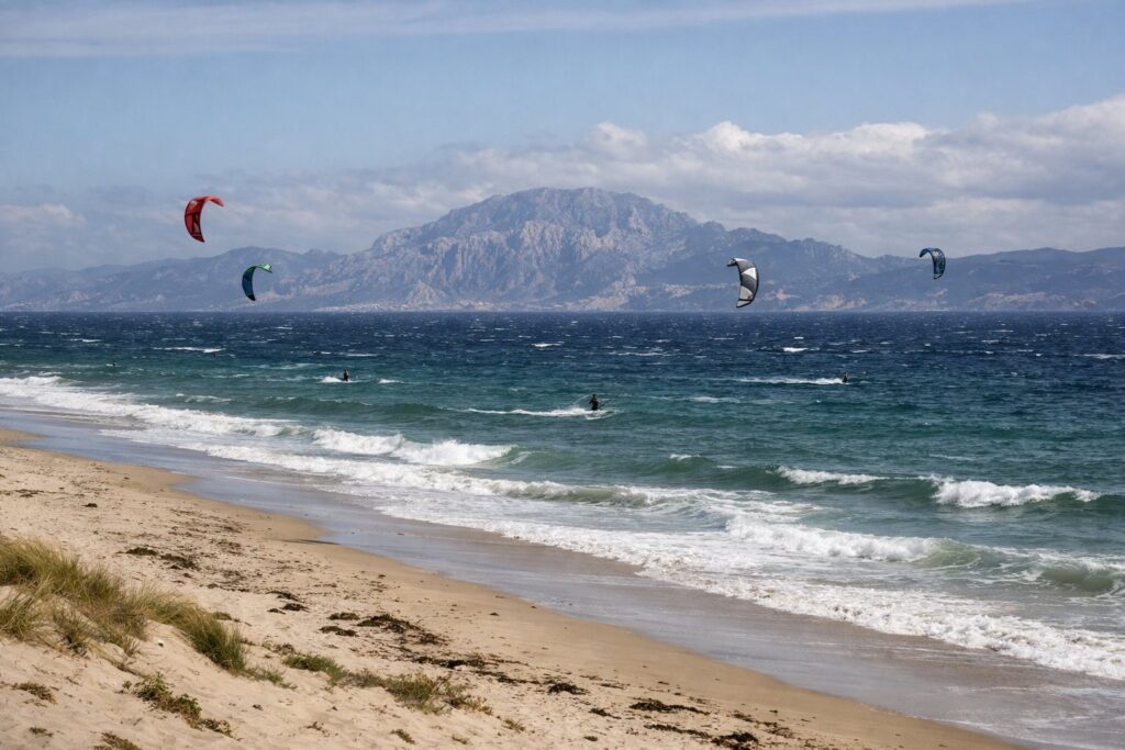 Praia ventosa de Tarifa com papagaios de kitesurf