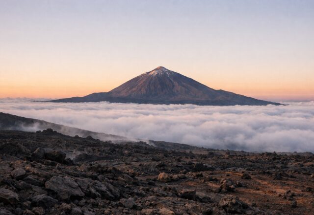 Pico vulcânico sobre um mar de nuvens, com paisagem de lava negra em primeiro plano, ao nascer do sol