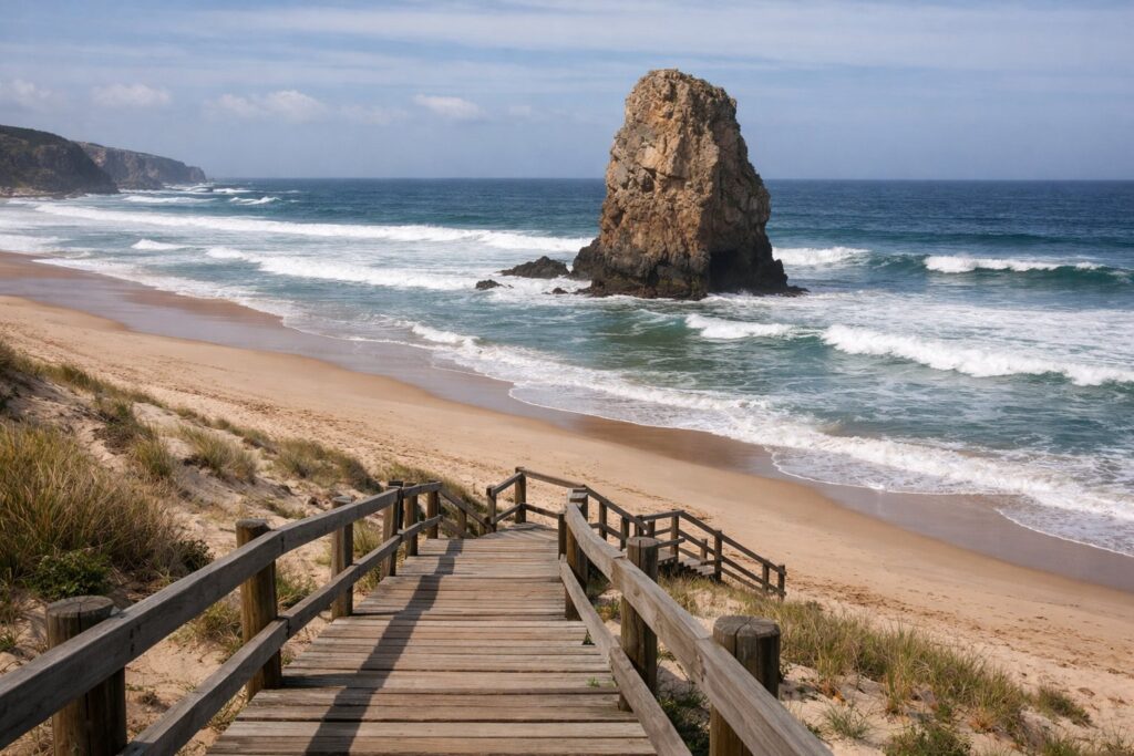 Praia com rochedo e passadiço junto ao mar com ondas