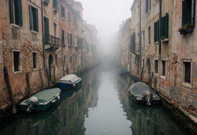 Canal estreito com fachadas pastel envelhecidas numa manhã de neblina, água parada