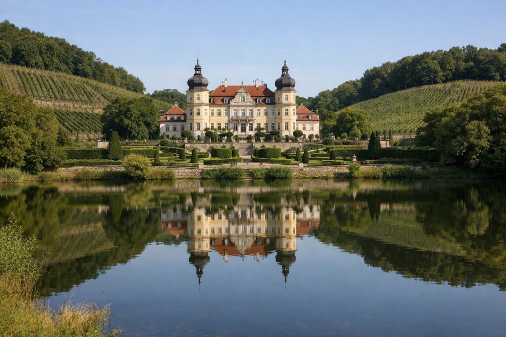 Solar barroco com jardins formais refletidos num lago, rodeado de vinhas