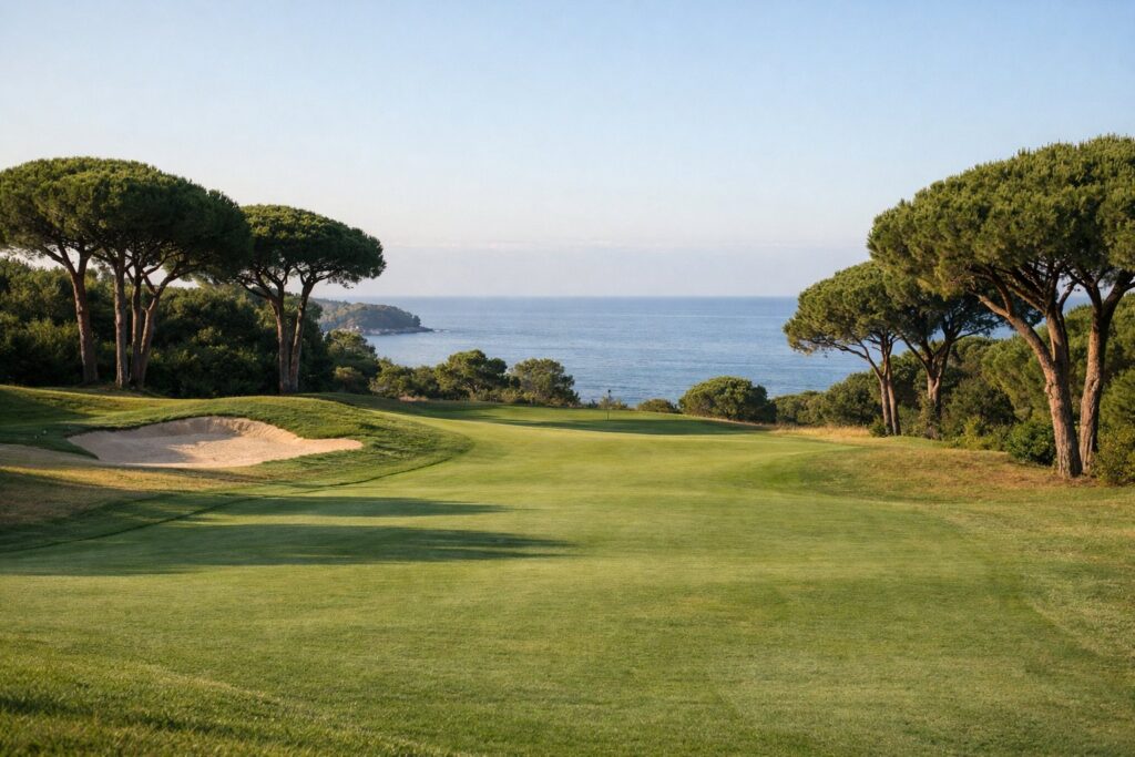 Campo de golfe com pinheiros-mansos e o mar ao fundo, luz da manhã